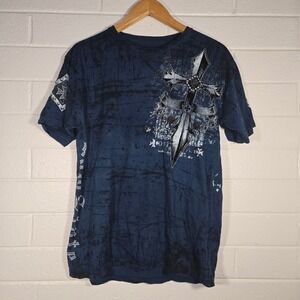 Raw State Y2K Blue Cross Wings Embroidered Shirt XL Biker Maga Biker Grunge Goth